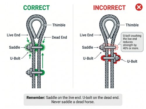 Correct vs incorrect wire rope clip installation diagram showing saddle on live end versus U-bolt on live end with strength loss warning