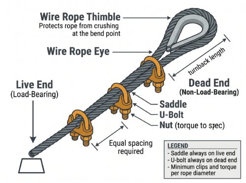Wire rope eye termination diagram showing thimble, live end, dead end, saddle, U-bolt, and clip spacing on a wire rope assembly